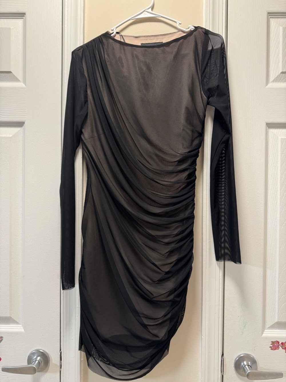 Zara Black Ruched Long-Sleeve Mesh Dress
